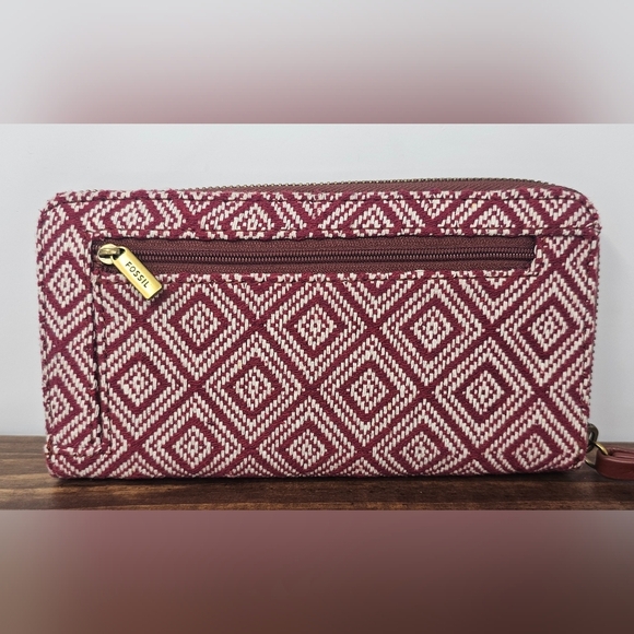 Fossil Jori Zip Clutch Wristlet RFID Wallet Leather Fabric Red White Brown NWOT - Picture 2 of 16